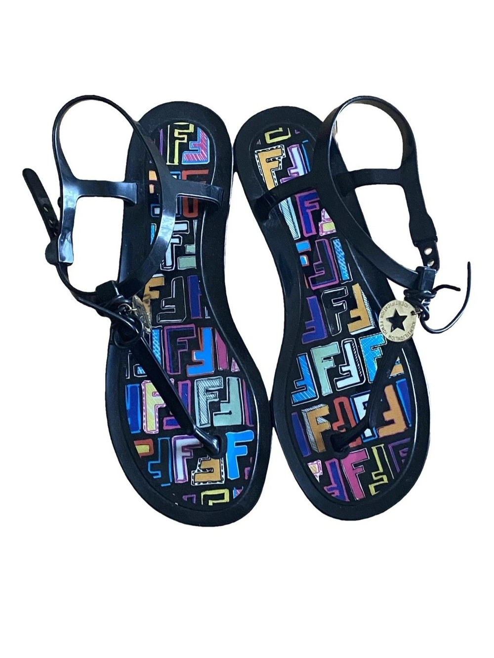Authentic Fendi Black Jelly T-Strap Sandals with Multicolor Logo Footbed